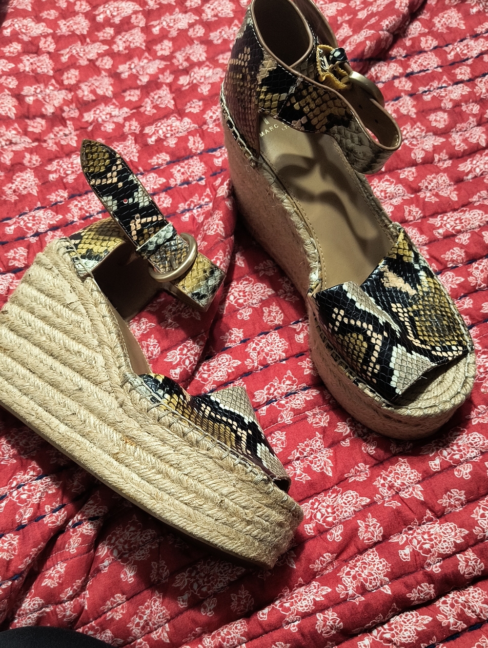 Marc Fisher Snake-Print Espadrille Wedges in Yellow and Black